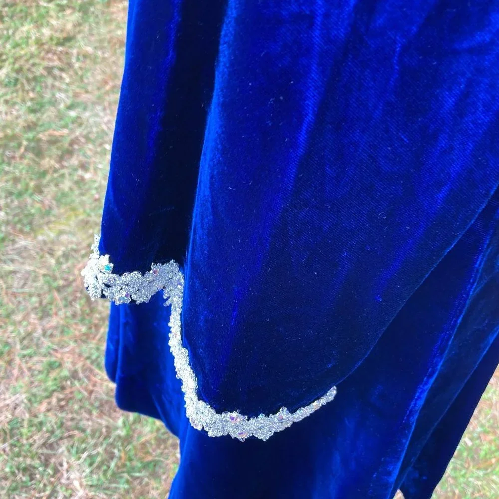 vintage 70s dress 1970s long sleeve velvet deep blue rhinestone glitter | S-M | - Picture 9 of 9